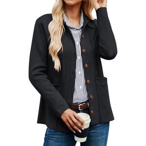 Women Knit Black Button Down  Blazer Sweater Jacket Long Sleeve Pockets Casual